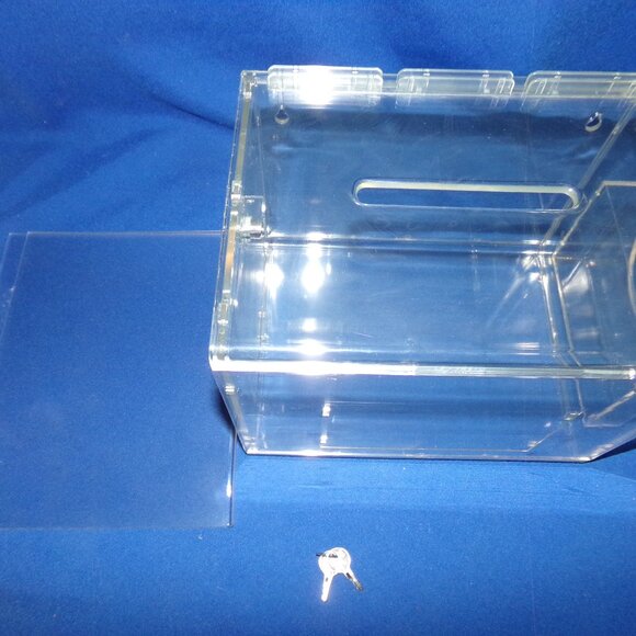 New-LG Acrylic Plastic Locking Ballot, Raffle, Donation Box w/ Advertising Sign - Picture 6 of 7